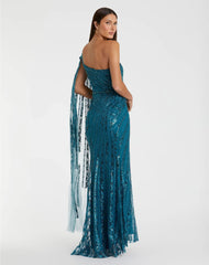 Blue One Shoulder Cape Sleeve Embellished Gown