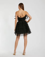 Black Feathered Strapless Tulle Fit and Flare Dress