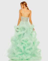 Green Strapless Corset Detail Tulle Layered Gown