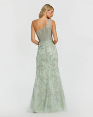 Green One Shoulder Embellished Gown