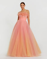 Orange and Pink Ombre Strapless Feather Bodice Tulle Gown