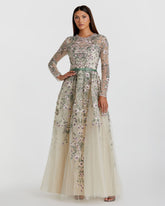 Multicolor Long Sleeve Floral Embellished A-Line Gown