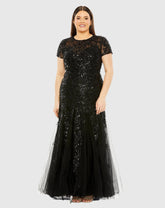 Black Hand Embellished Short Sleeve Gown (Plus)