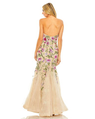 Beige Strapless Bustier Floral Embroidered Mermaid Gown
