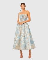 Blue Strapless Brocade Midi Dress with Pockets