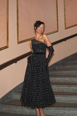 Black One Shoulder Pearl Beaded Midi Ballgown