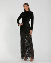 Black Long Sleeve Sheer Floral Embroidered Velvet Gown