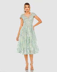 Green Embroidered Cap Sleeve A Line Dress