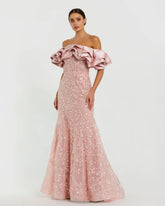 Pink Beaded Mermaid Gown With Off The Shoulder Ruffle