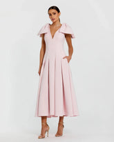Pink Crepe A Line Midi Dress With Bow Straps