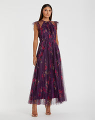 Purple Floral Flutter Sleeve Midi Dress
