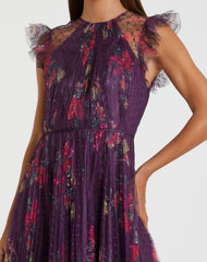 Purple Floral Flutter Sleeve Midi Dress