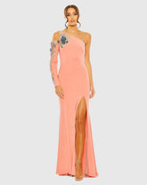 Pink One Shoulder Long Sleeve Floral Embellished Gown