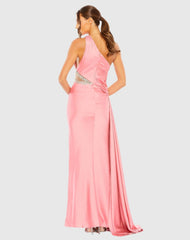 Pink One Shoulder Embellished Satin Gown