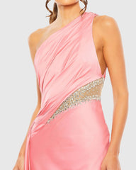 Pink One Shoulder Embellished Satin Gown