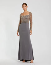 Gray Beaded Square Neck Long Sleeve Jersey Gown