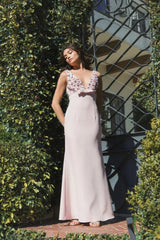 Pink Crepe Sleeveless Beaded V Neck Gown With Bow