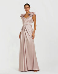 Pink Faux Wrap Satin Gown With 3D Flower Straps