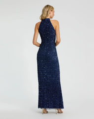 Blue Embellished Halter Neck Keyhole Gown