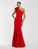 Red Crepe One Shoulder Mermaid Gown With 3D Flower