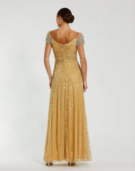 Gold Sequined Evening Gown With Embellished Shoulders