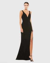 Black Plunge Neck High Slit Gown