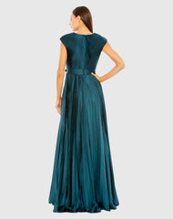 Blue Pleated Plunge Neck Belted A Line Gown