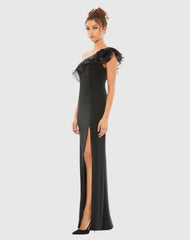Black One Shoulder Ruffle Evening Gown