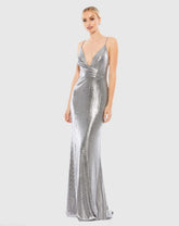 Silver Metallic Faux Wrap Spaghetti Strap Gown