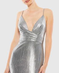 Silver Metallic Faux Wrap Spaghetti Strap Gown