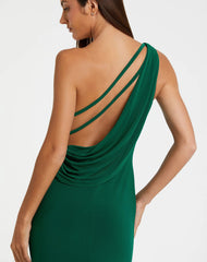 Green Jersey One Shoulder Draped Back Gown