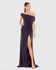 Purple Foldover Off-the-Shoulder Slit Gown