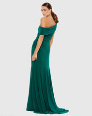Dark Green Foldover Off-the-Shoulder Slit Gown