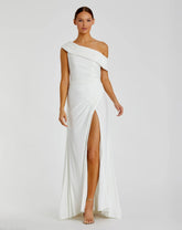 White Foldover Off-the-Shoulder Slit Gown