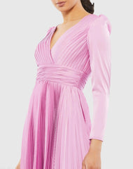Light Purple Pleated Long Sleeve V-Neck Gown