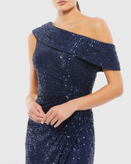 Navy Sequined Drop Shoulder Gown