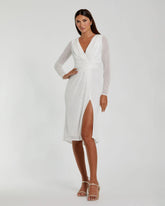 White Long Sleeve Sequined Midi Dress