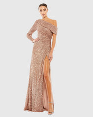 Pink Sequined Drop Shoulder Faux Wrap Gown