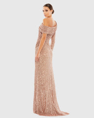 Pink Sequined Drop Shoulder Faux Wrap Gown