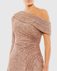 Pink Sequined Drop Shoulder Faux Wrap Gown