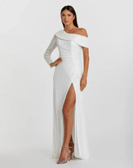 White Sequined Drop Shoulder Faux Wrap Gown