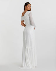 White Sequined Drop Shoulder Faux Wrap Gown