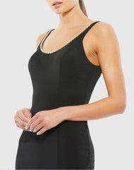 Black Sleeveless Crystal Scoop Neckline Column Gown with High Slit