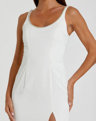 White Sleeveless Crystal Scoop Neckline Column Gown with High Slit