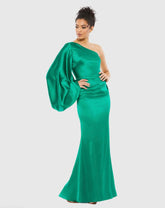 Green Satin Puff Sleeve Gown