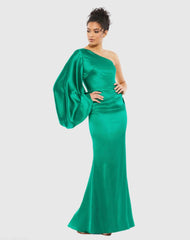 Green Satin Puff Sleeve Gown