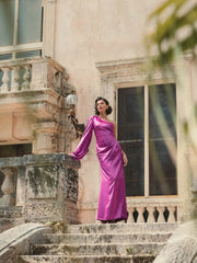 Purple Satin Puff Sleeve Gown