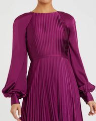 Purple Pleated High Neck Raglan Long Sleeve Side Slit Gown