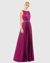 Purple Pleated Sleeveless Bateau Gown