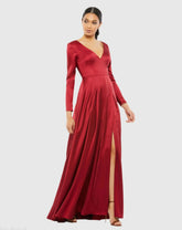 Red Satin V Neck Long Sleeve Pleated Gown